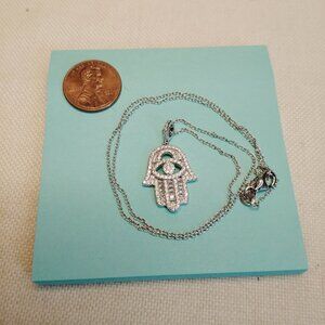 Sterling Silver Hamsa Pendant Necklace 18 Inch CZ Evil Eye Protection Jewelry